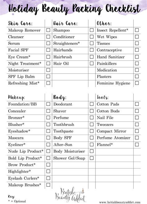 the holiday beauty packing checklist is shown in purple and white with text that reads holiday ...