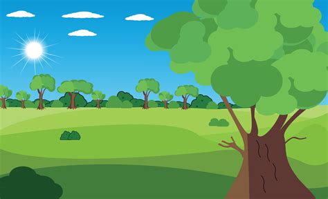 Vector nature landscape background. Cute simple cartoon style. colourful trees and sun, green ...