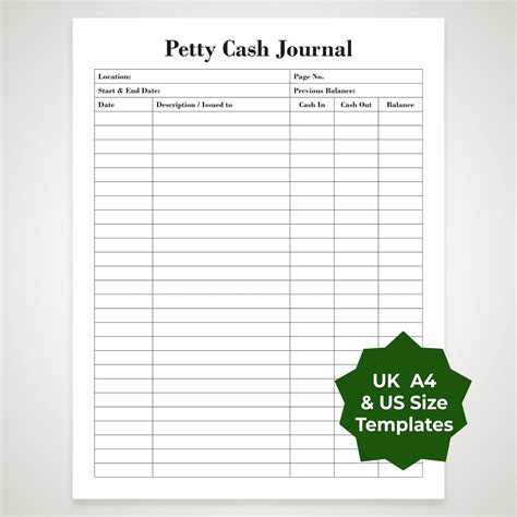 Instant Download Printable Petty Cash Journal 2 Templates A4 & US Letter PDF - Etsy