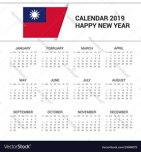 Calendar 2019 taiwan flag background english Vector Image