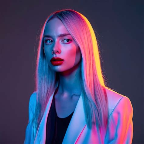 Premium AI Image | Portrait of female fashion model in neon light on ...