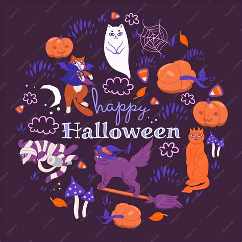 Premium Vector | Halloween cats on a purple background.