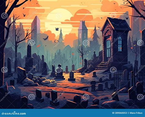 Halloween Creepy Graveyard Modern Illustration. Holiday Card Drawing Stock Illustration ...