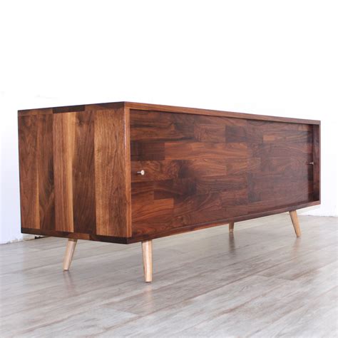 Walnut Mid Century Media Console With Mix Walnut Sliding Doors