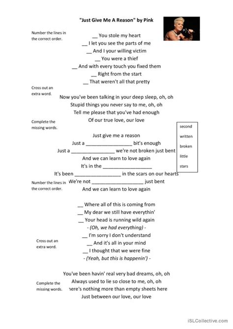 Song - Just Give Me a Reason (Pink)…: English ESL worksheets pdf & doc