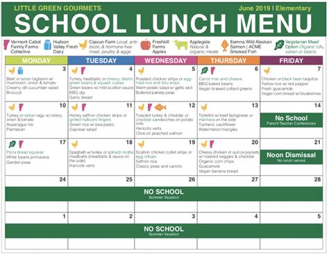 Elementary School Lunch Menu Template