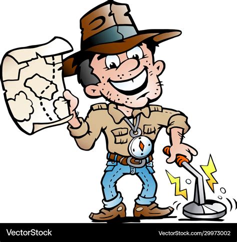 Cartoon a happy archaeologist with a metal Vector Image