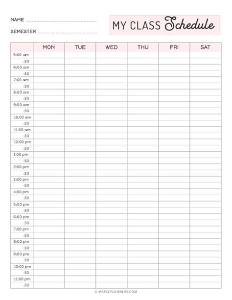 Free Printable Weekly Class Schedule Template