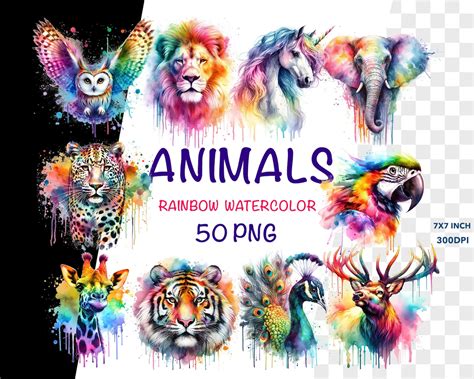 50 Watercolor Rainbow Animals Clipart, PNG Rainbow Clipart, Bright Animals, Rainbow Painted ...