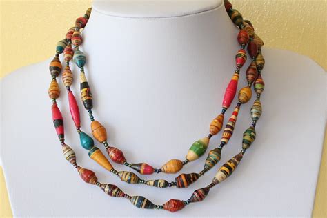 Multi Color Paper Beads Necklace. Extra Long Lariat. Papier