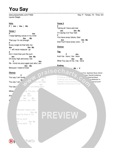 You Say Chords PDF (Lauren Daigle) - PraiseCharts