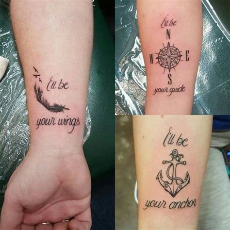 side by side photos, feather compass and anchor, forearm tattoos, small matching tattoos ...