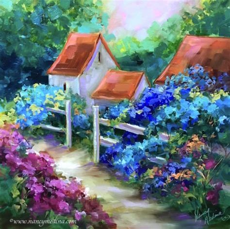 Hope Springs Hydrangea Cottage Path, painting by artist Nancy Medina ...