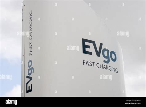 Closeup of the EVgo logo seen on an EVgo charging station in Santa Ana, California, on May 9 ...