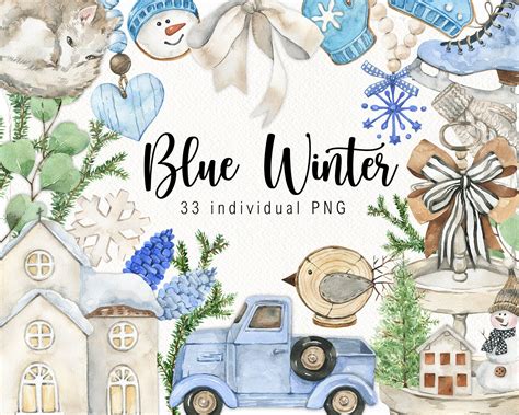 Watercolor Blue Winter Decor Clipart White Cozy Christmas Clip - Etsy