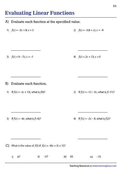 Evaluating Linear Functions Worksheets