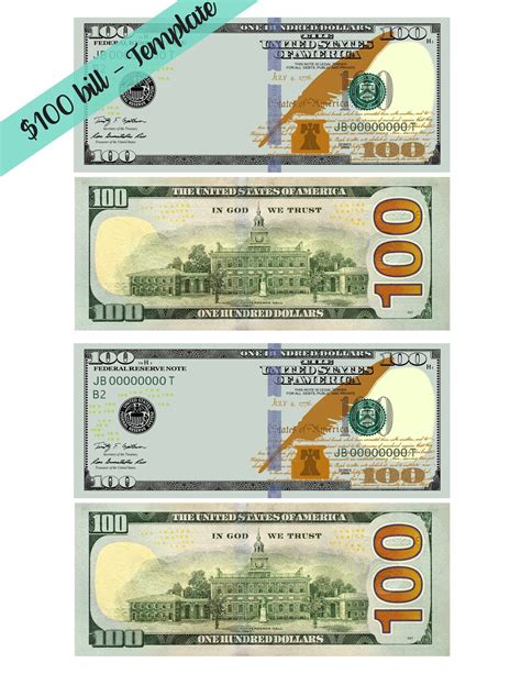 NEW 100 Dollar Bill Template Letter Page With 4 Real Size Dollar Bills ...