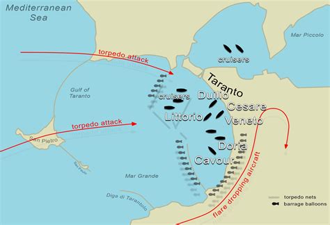 Map showing the attack strategy by Swordfish aircraft against Italian capital ships moored in ...