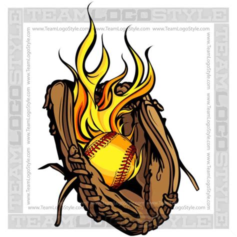 Flaming Softball Logo - Vector Clipart Glove with Flaming Softball