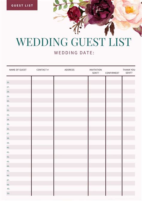 Wedding Guest List Template Printable - Printable Templates