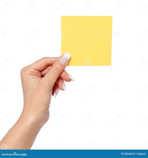 Female Hand Holding Note Paper, Isolated On White, Yellow Sticker Stock Photo - Image: 30026610