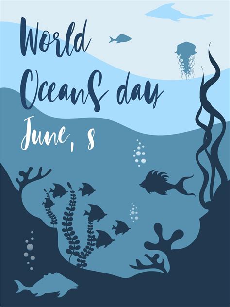 World oceans day poster design with underwater ocean, dolphin, shark, coral, sea plants ...