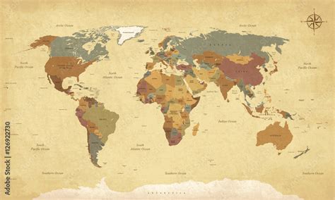 Textured vintage world map - English/US Labels - Vector CMYK Stock ...