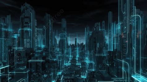 Futuristic City With Blue Lights And Green Elements Background, 3d Dark City Of Cyberspace ...