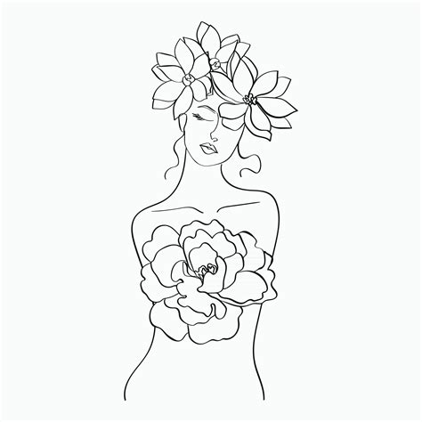 Women and flowers line art. Girl with flowers and leaves one line ...