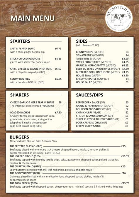 Menu at Spotted Cow pub & bar, Belper, 12 Town St