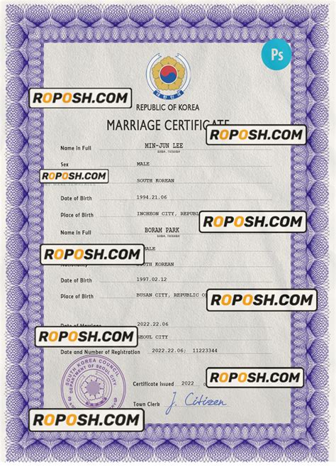 South Korea marriage certificate PSD template, fully editable | roposh