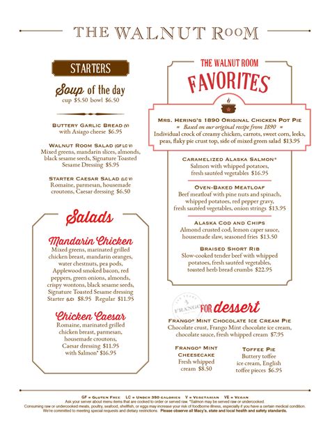 Walnut Room Menu | macysrestaurants.com