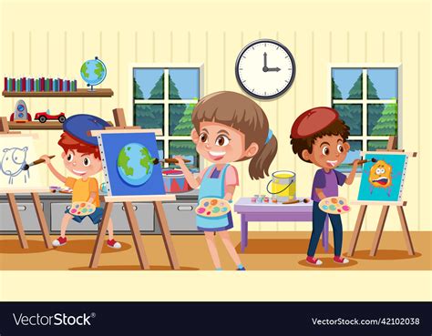 School art classroom with student kids Royalty Free Vector