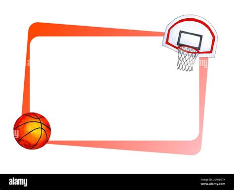 Watercolor horizontal sports basketball frame, with orange ball and basket, shield. Design ...