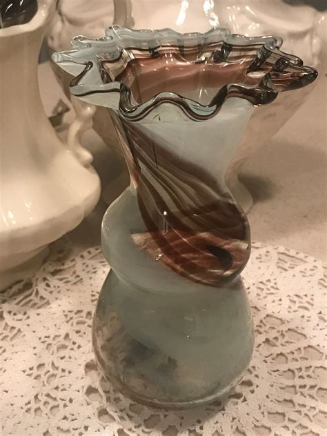 Gorgeous Vintage creamy blue and brown hand blown glass vase. art glass. by SugarCreekVintage on ...