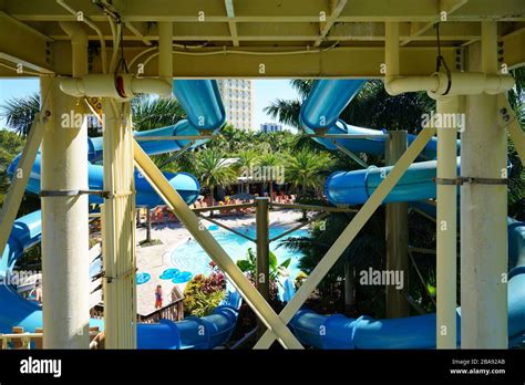 BONITA SPRINGS, FL -30 JAN 2020- A giant aquatic water slide in a swimming pool at the Hyatt ...