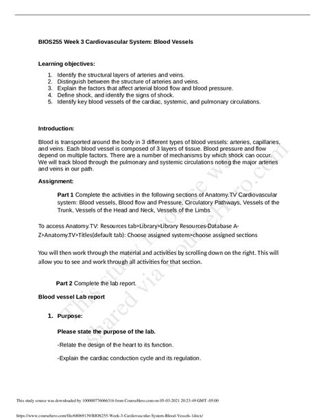 BIOS255 Week 3 Cardiovascular System: Blood Vessels - Browsegrades