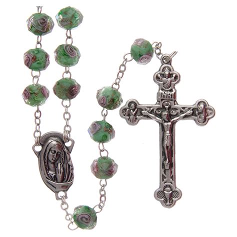 Glass rosary green beads with roses 9 mm | online sales on HOLYART.com