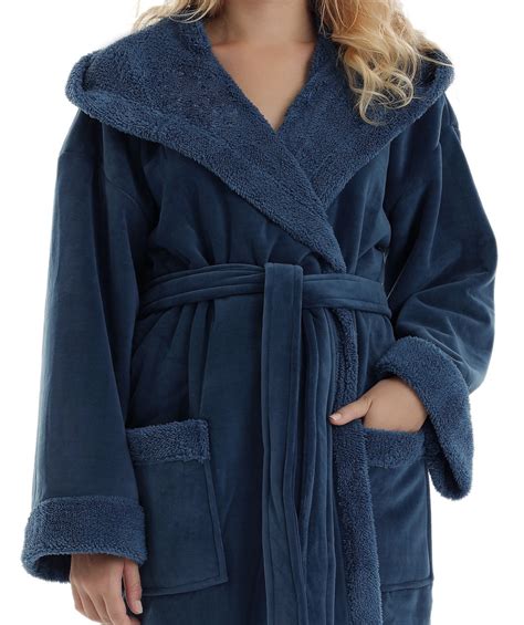 Arus - Women's Hooded Sherpa Robe Soft Plush Fleece Bathrobe, Mallard Blue, Small Medium ...