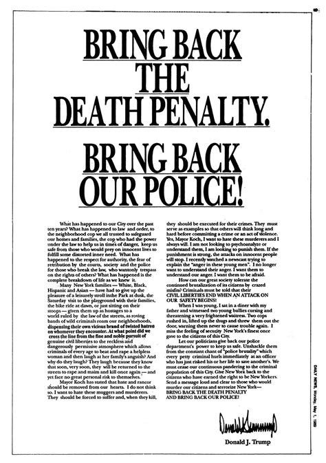 Transcript - Full-Page Ad: Donald Trump - Letter on Central Park Five - May 1, 1989 | Factba.se