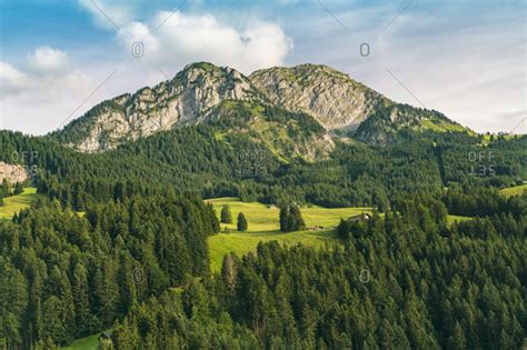 Landscape with mountains, hills and forest, Bern, Switzerland stock photo - OFFSET