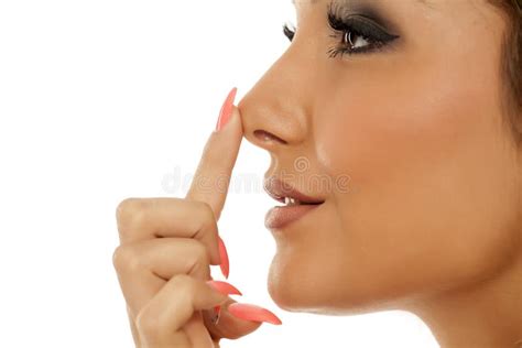 Woman touching her nose stock image. Image of face, female - 105402747