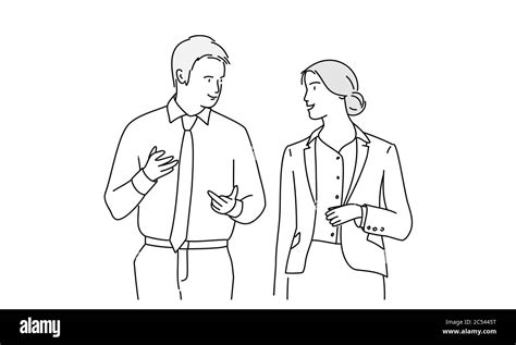 Business people are talking. Man and woman. Line drawing vector ...