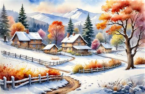 Winter village watercolor painting illustration by designermetin on ...