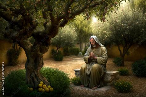 Jesus Christ praying in the garden of olive. AI generativ. Stock Illustration | Adobe Stock