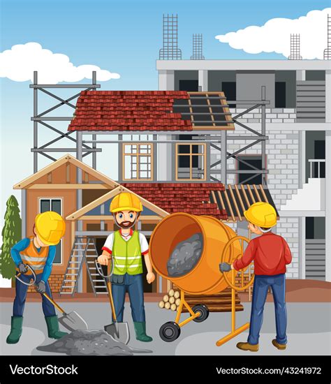 House construction site with workers cartoon Vector Image