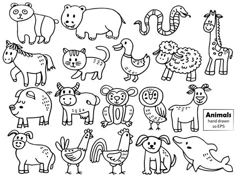 Wild animals cartoon jungle, farm and sea creatures set. Black and ...