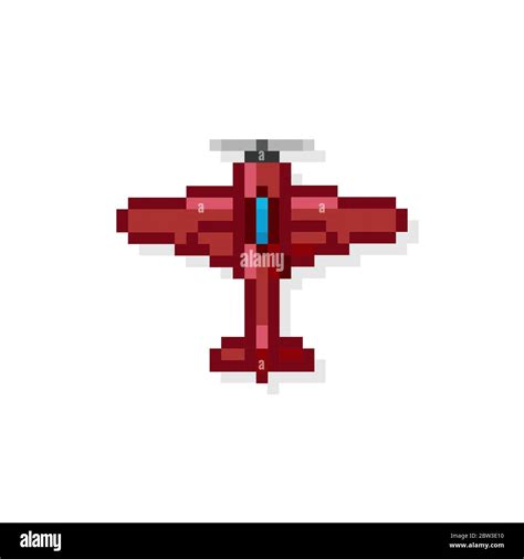 Pixel art 8 bit arcade fighter air plane red isolated vector ...