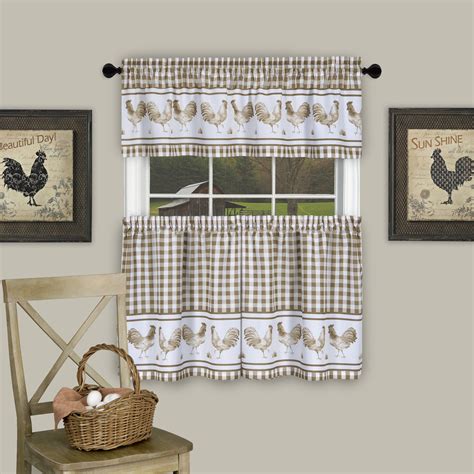 PowerSellerUSA 3 Piece Kitchen Curtain Set, Gingham Tier Pair and Valance, Country Rooster Decor ...