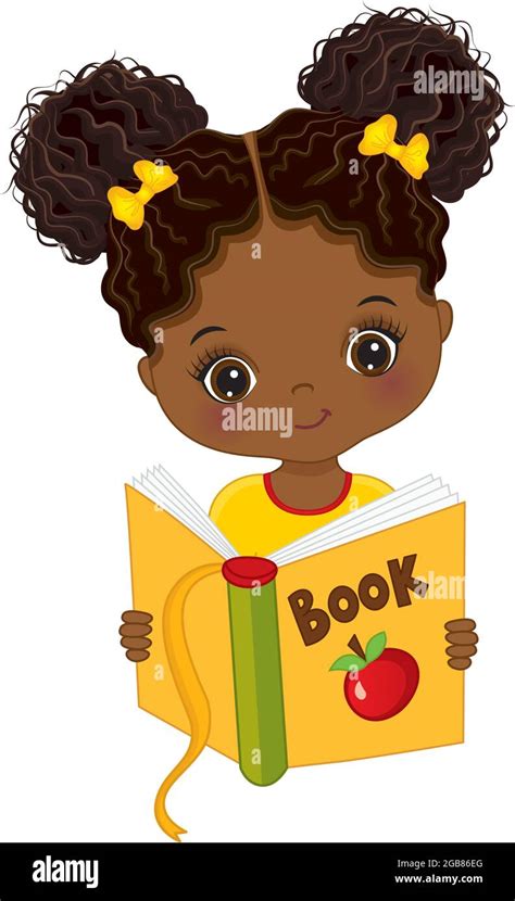 Cute African American Girl Reading Book. Vector Little Girl with Book Stock Vector Image & Art ...